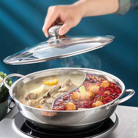 Stainless Steel Hot Pot Shabu Dual Side Divider Cooking Pot Silver & Lid