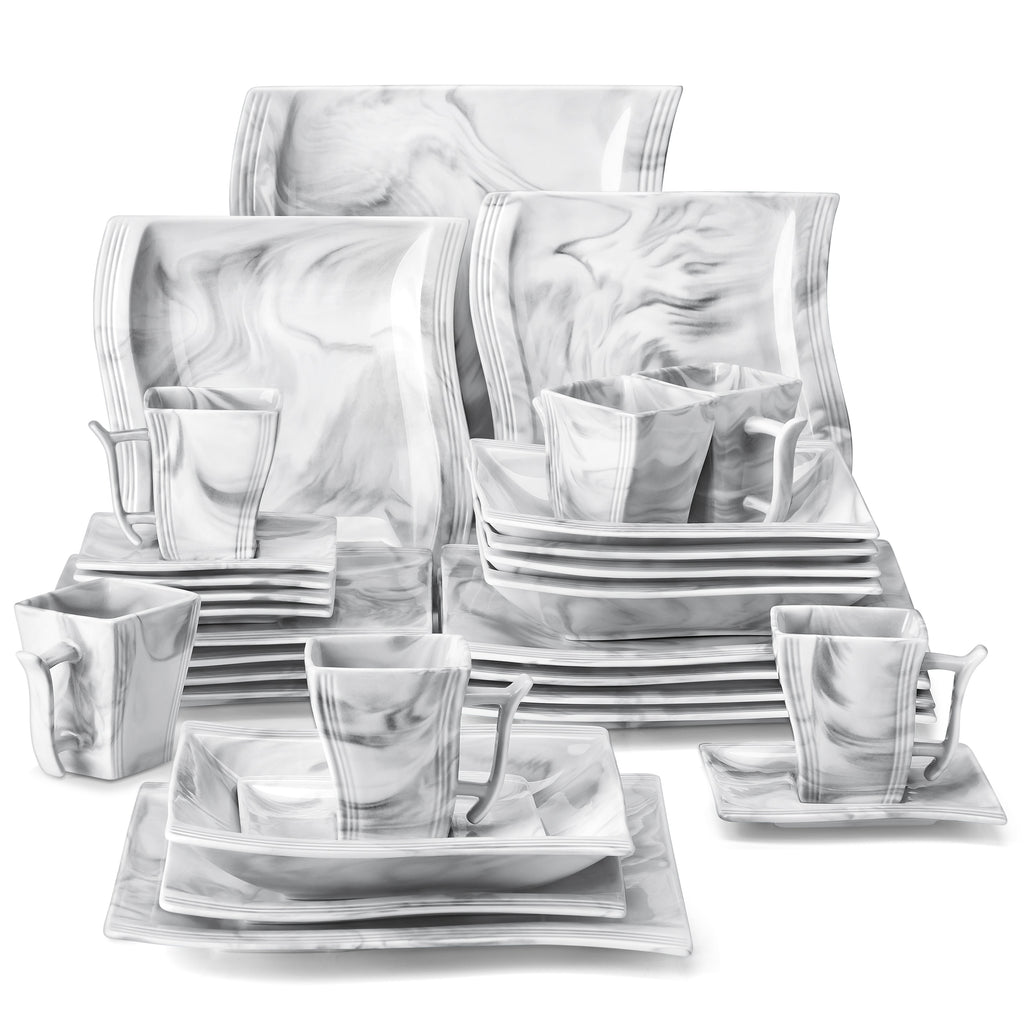 MALACASA 30/60 Piece White Porcelain Dinner Set with Cups Saucers